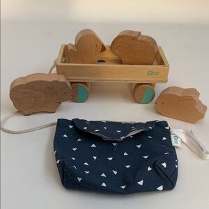 KiwiCo Wooden Stacking Animals & Pull Wagon Set with Storage Bag